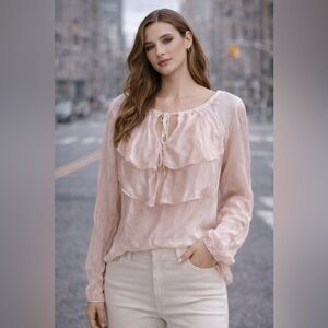 Vintage Italian Silk Boho Baby Pink Blouse with white sequin shoulders size M